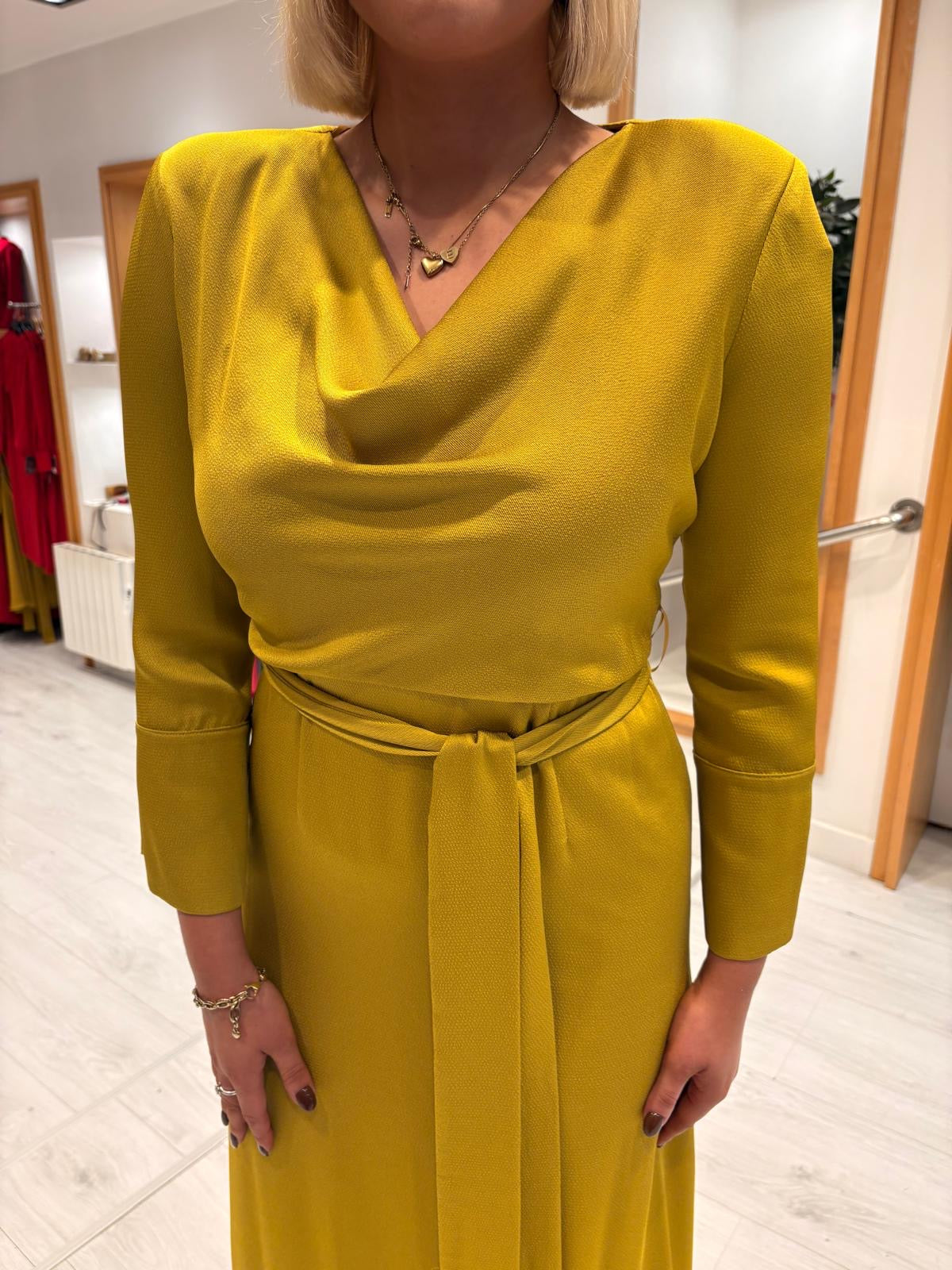 Rolemode Mustard Draped Cowl-Neck Dress