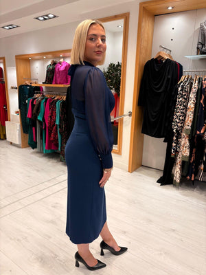 Rolemode Navy Sheer-Sleeve High-Neck Dress