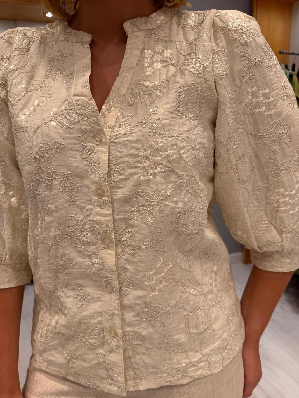 Smashed Lemon Cream Sequin Embroidered Top