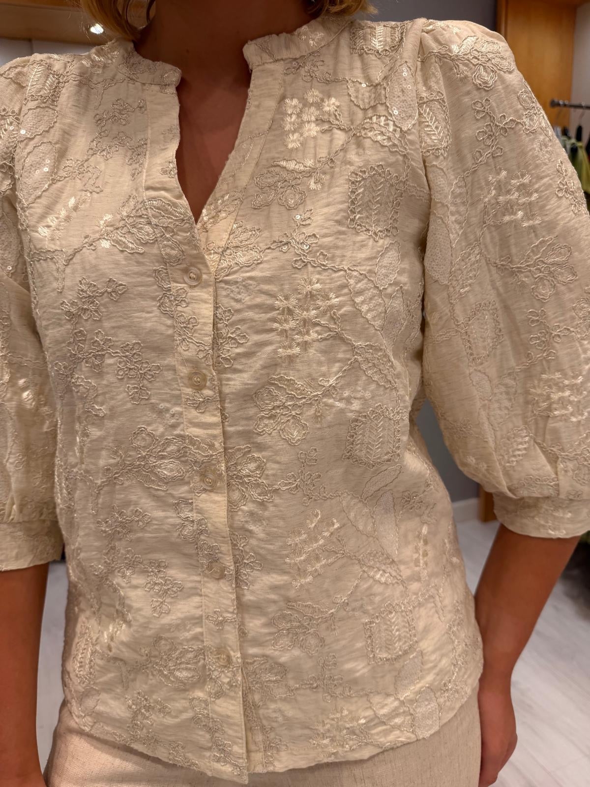 Smashed Lemon Cream Sequin Embroidered Top