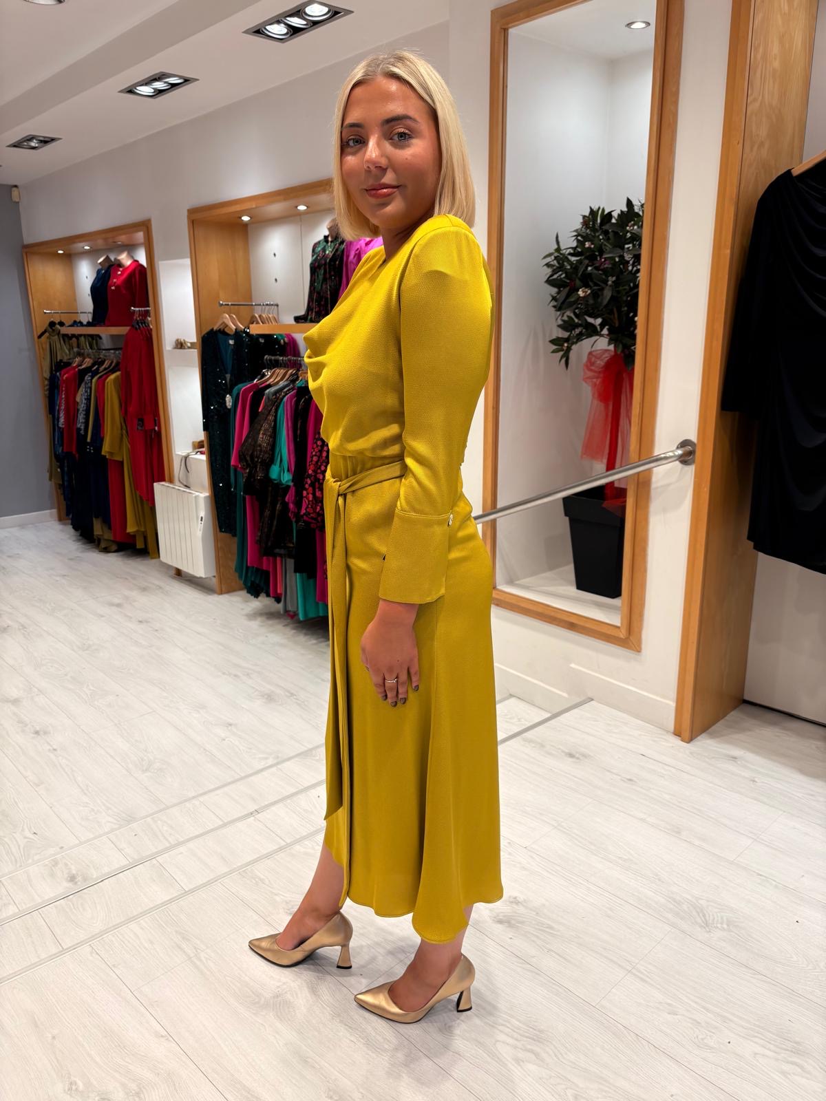 Rolemode Mustard Draped Cowl-Neck Dress