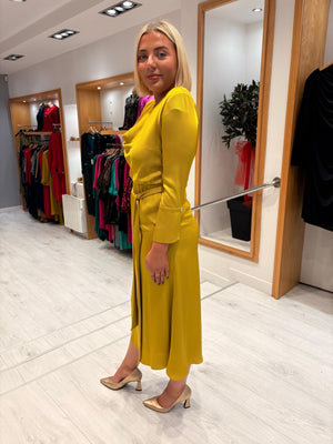 Rolemode Mustard Draped Cowl-Neck Dress